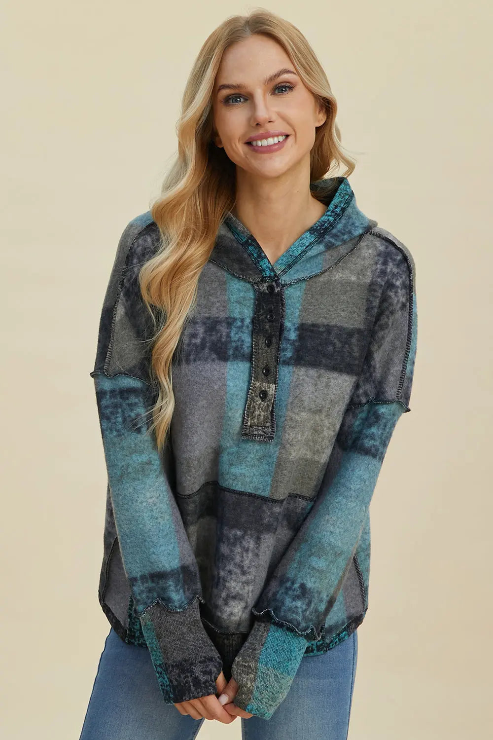 Double Take Full Size Plaid Dropped Shoulder Hoodie  