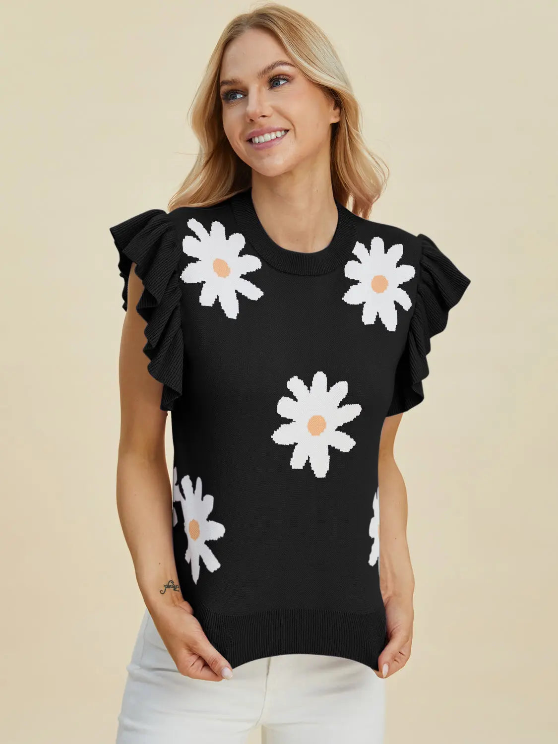 Double Take Full Size Ruffled Flower Round Neck Cap Sleeve Sweater  