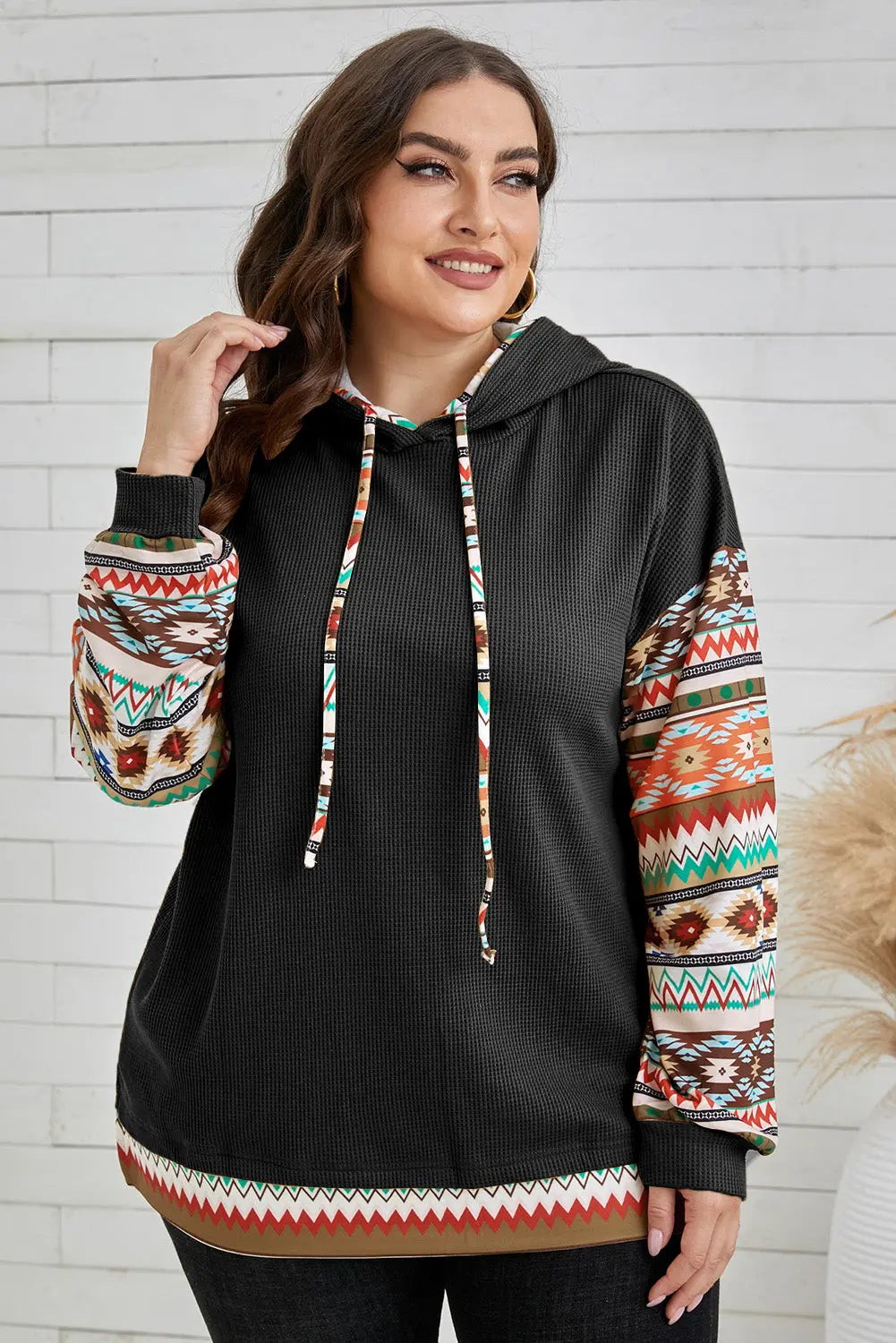 Plus Size Waffle-Knit Geometric Dropped Shoulder Hoodie  