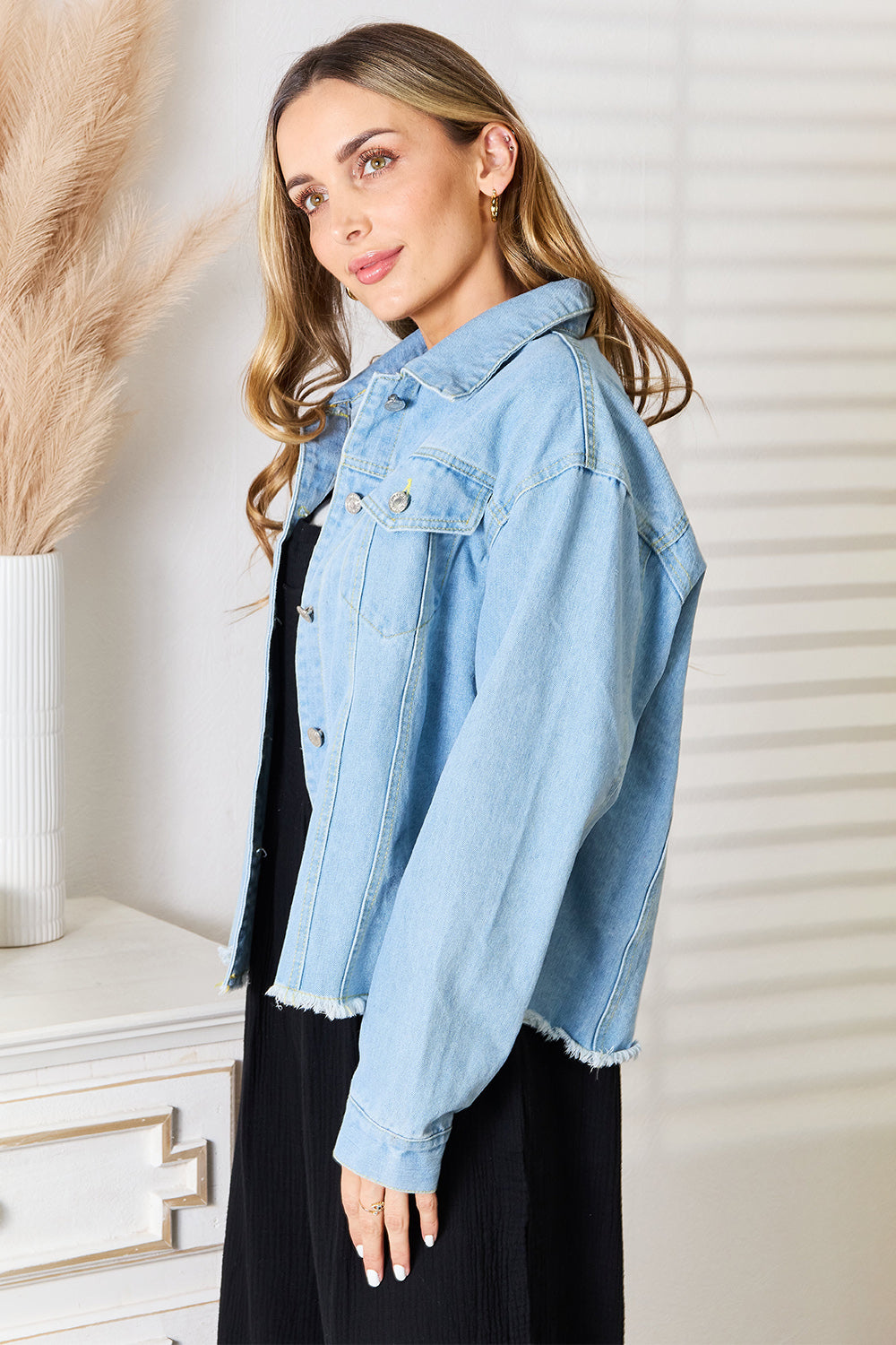 Double Take Dropped Shoulder Raw Hem Denim Jacket  