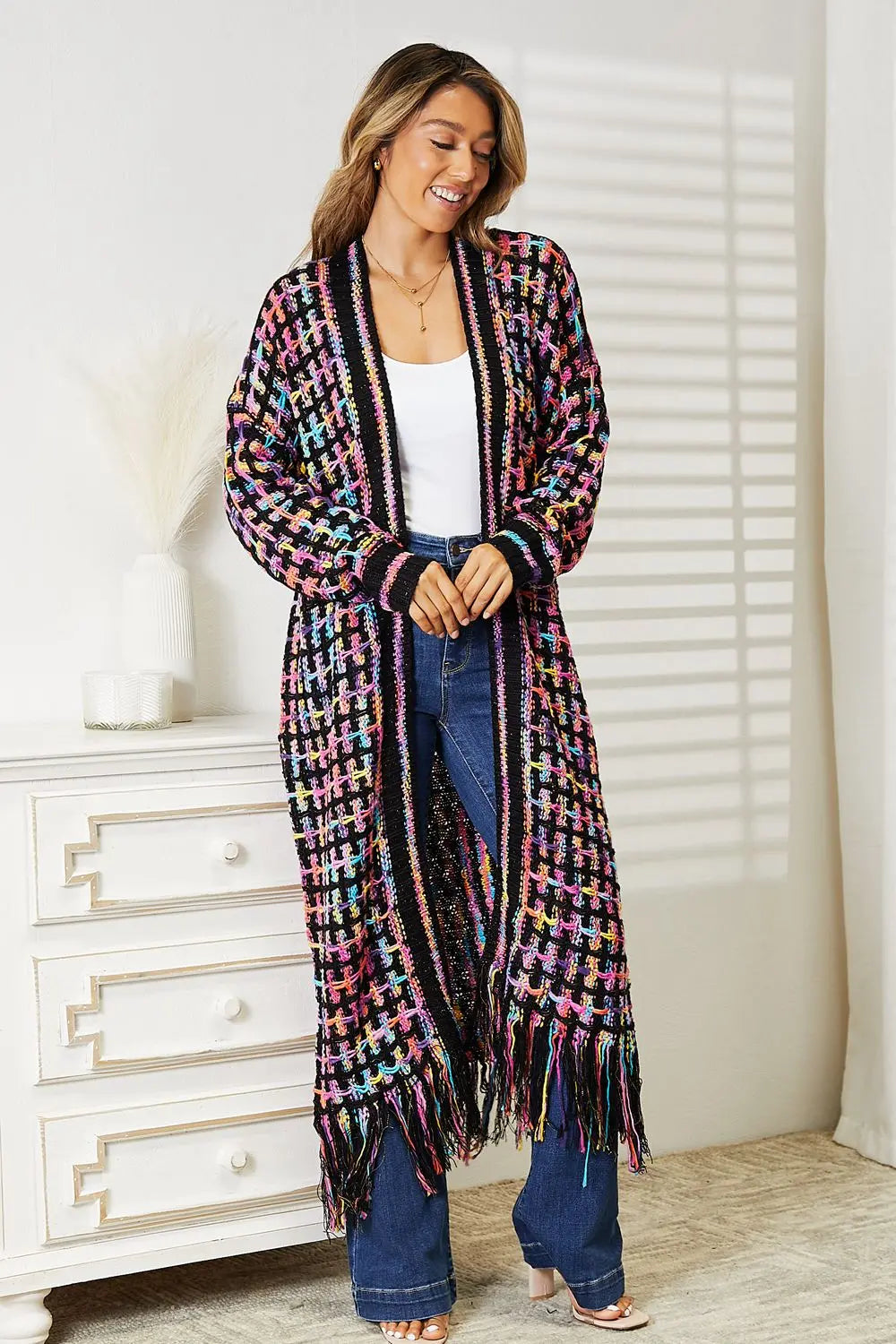 Angel Wings Full Size Multicolored Open Front Fringe Hem Cardigan  