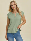 Double Take Full Size Notched Cap Sleeve Knit Top  