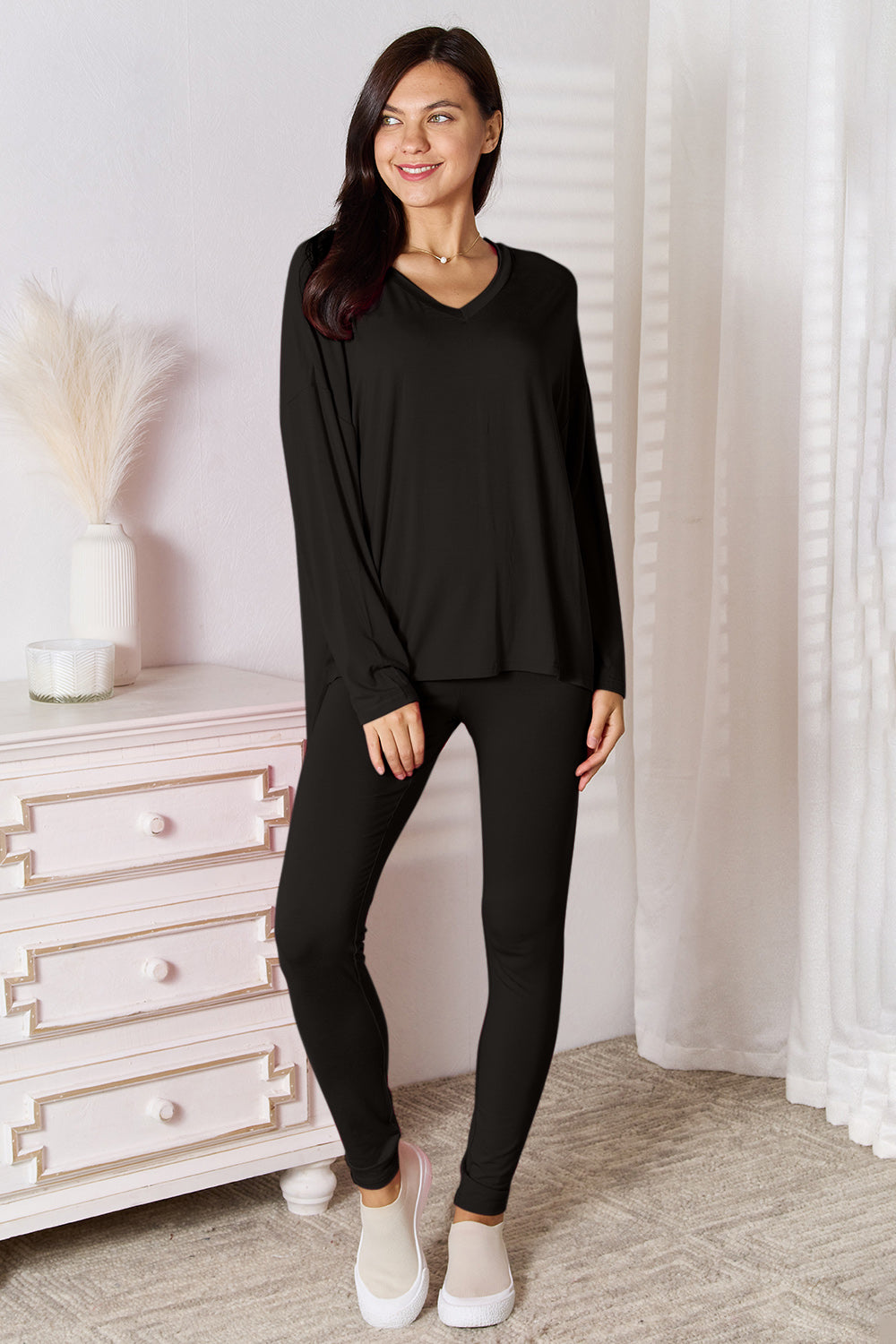 Basic Bae Full Size V-Neck Soft Rayon Long Sleeve Top and Pants Lounge Set  