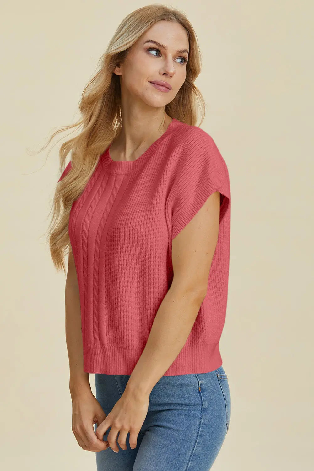 Double Take Full Size Cable-Knit Round Neck Short Sleeve Sweater  