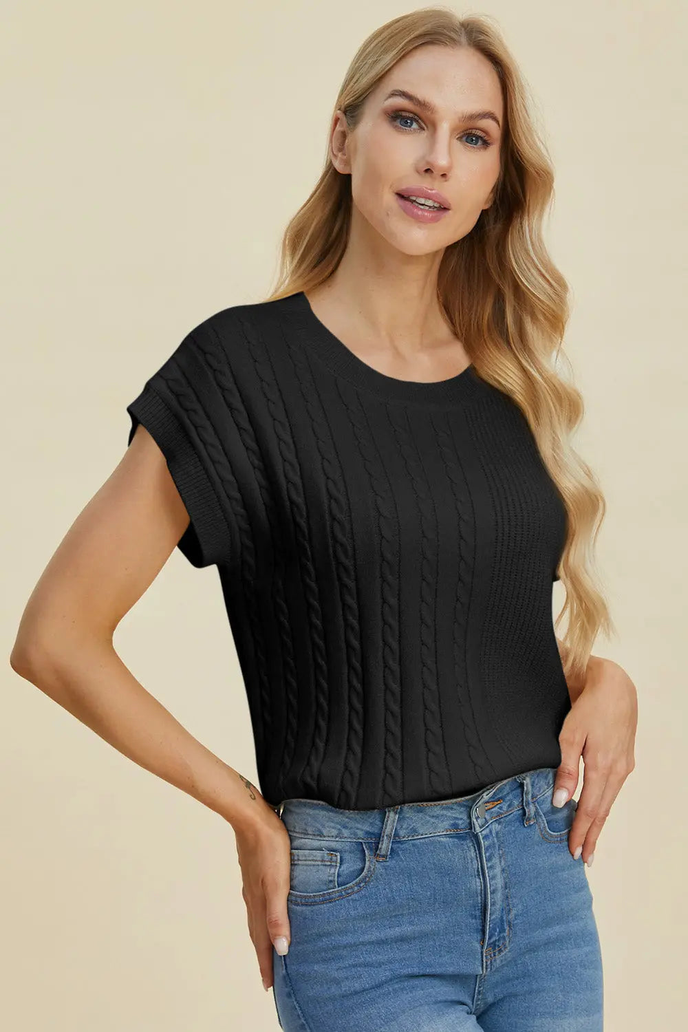 Double Take Full Size Cable-Knit Round Neck Short Sleeve Sweater  