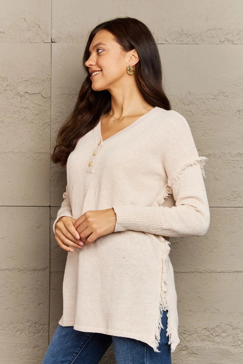 Ninexis Full Size Buttoned Dropped Shoulder Raw Hem Pullover Sweater  