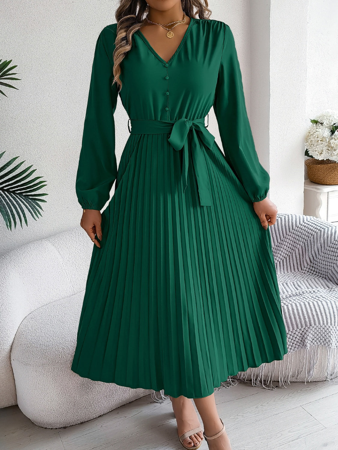 Pleated Tied V-Neck Long Sleeve Dress  