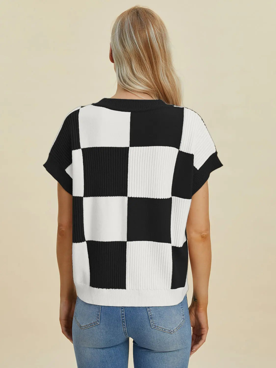 Double Take Full Size Checkered Round Neck Short Sleeve Sweater  