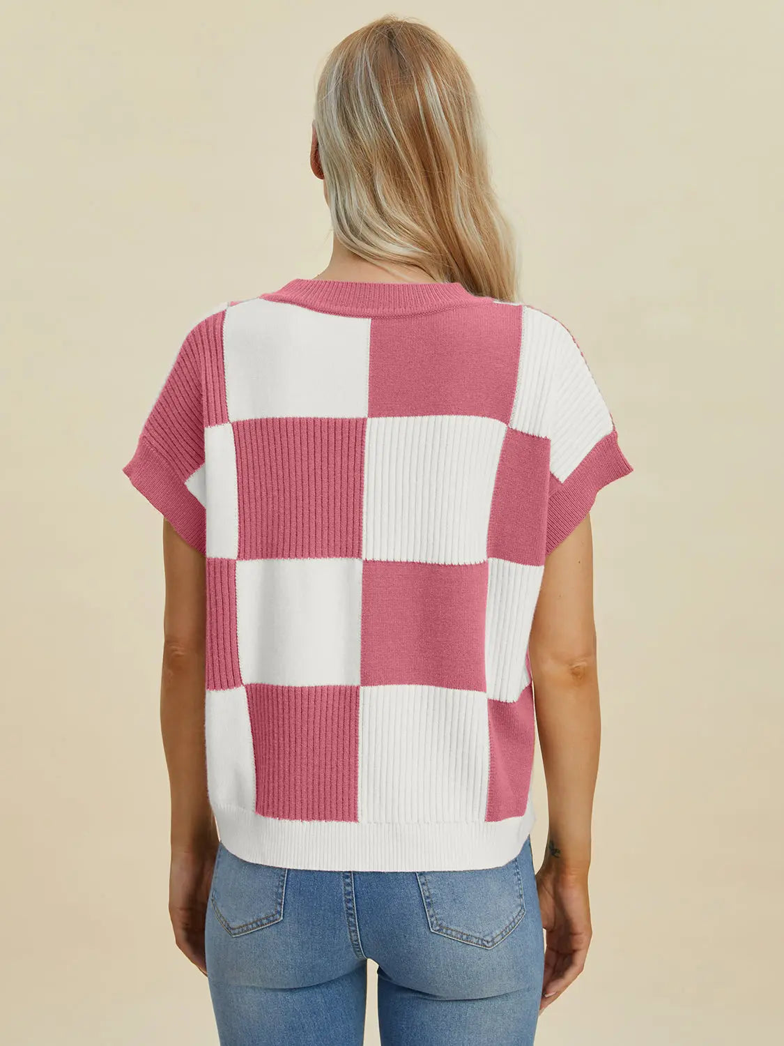 Double Take Full Size Checkered Round Neck Short Sleeve Sweater  