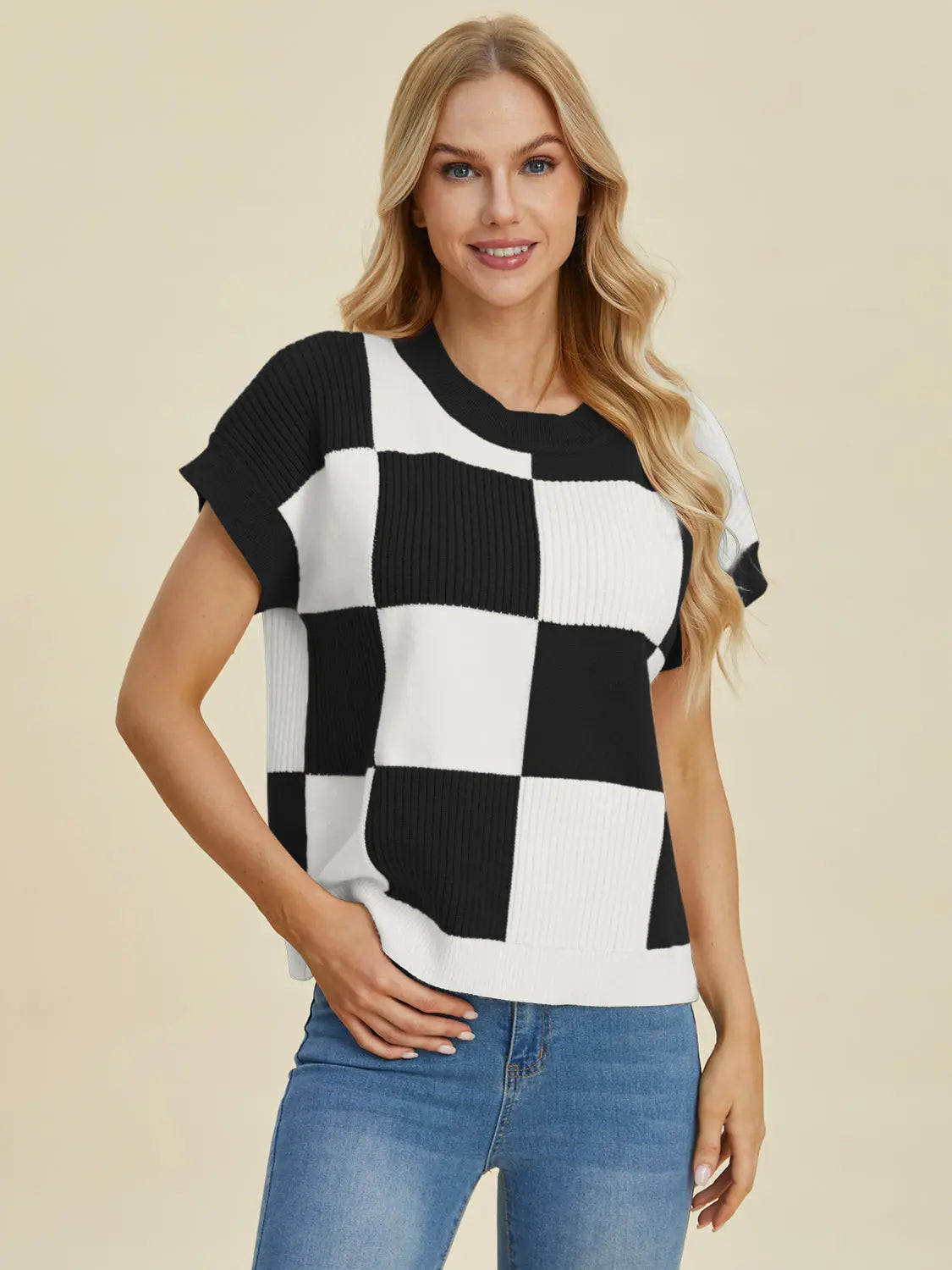 Double Take Full Size Checkered Round Neck Short Sleeve Sweater  