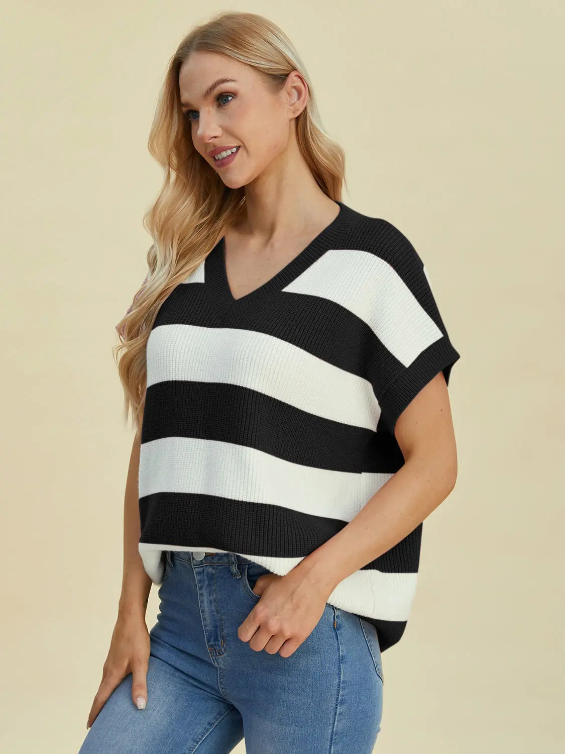 Double Take Full Size Striped V-Neck Short Sleeve Sweater  