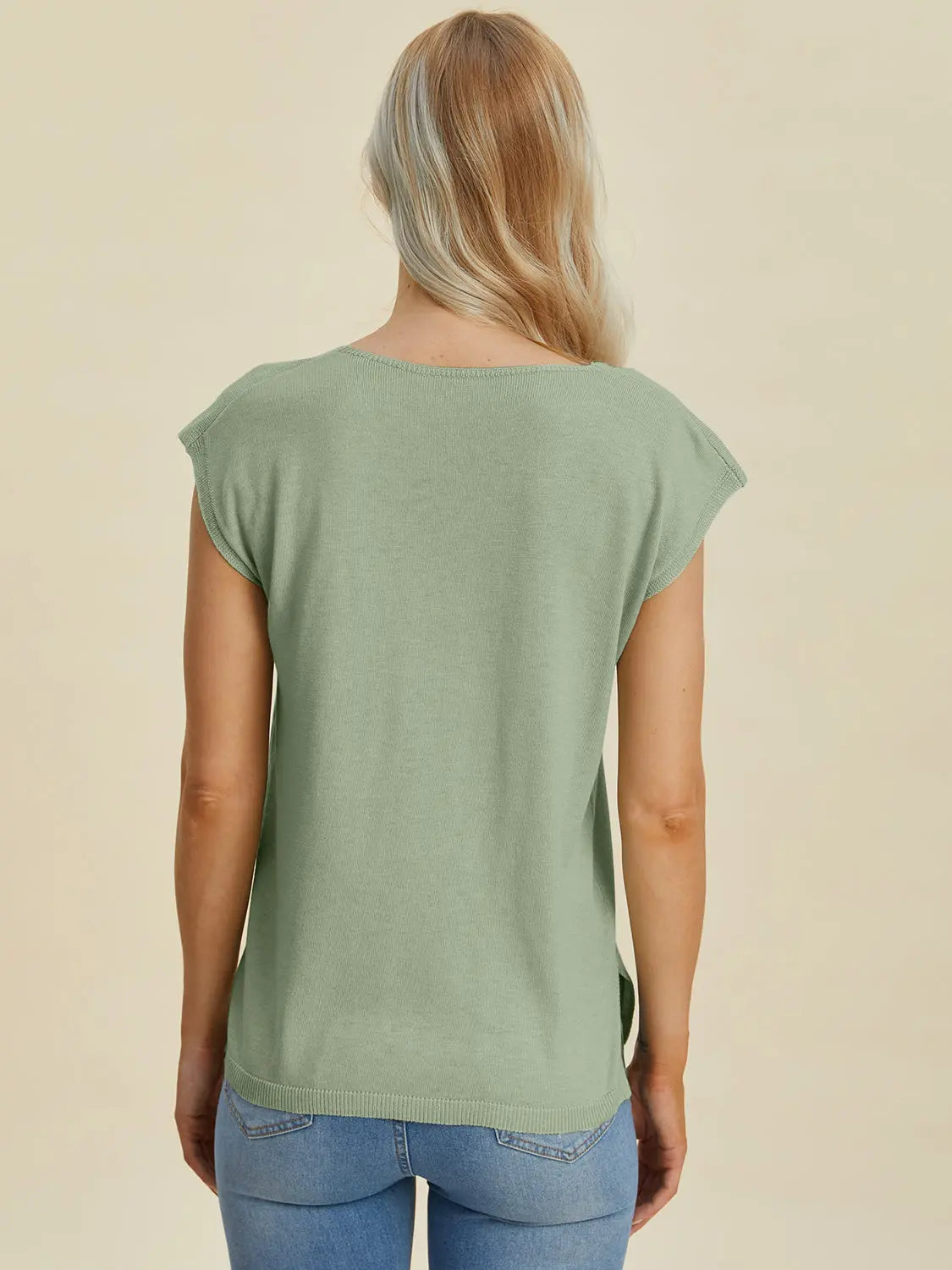 Double Take Full Size Notched Cap Sleeve Knit Top  