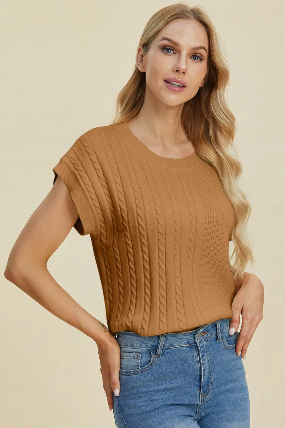 Double Take Full Size Cable-Knit Round Neck Short Sleeve Sweater  