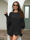 Full Size Boat Neck Lantern Sleeve Openwork Knit Top  