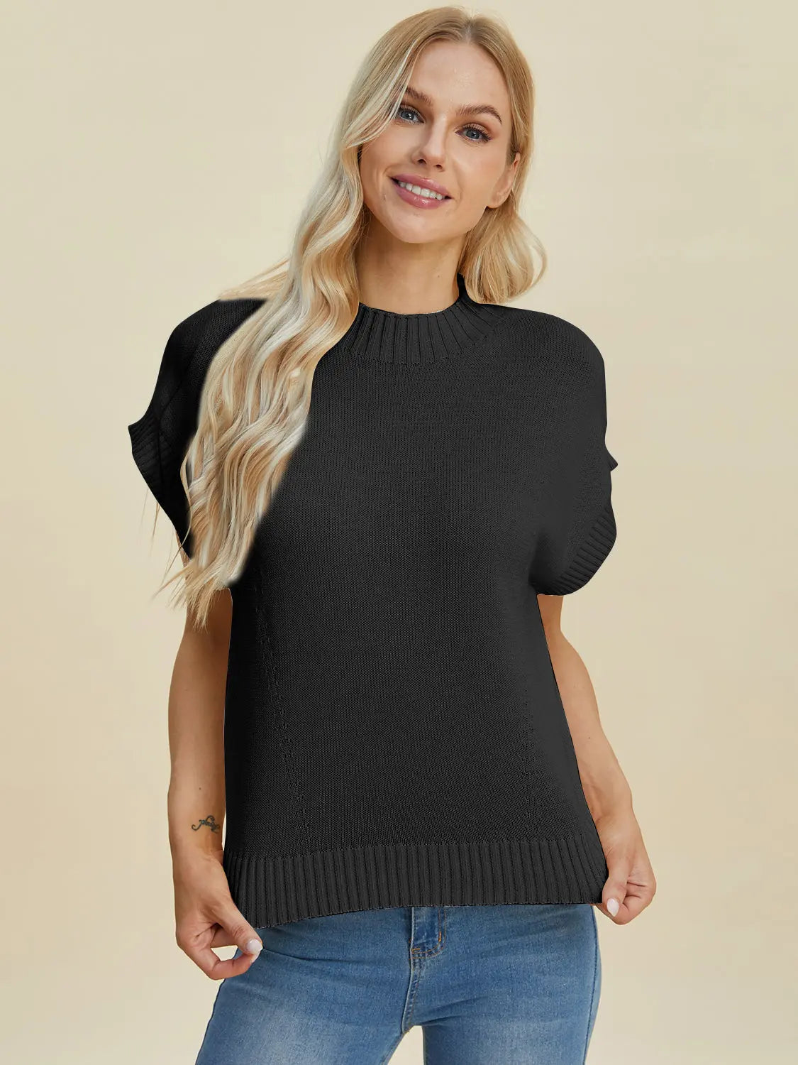 Double Take Full Size Mock Neck Short Sleeve Sweater  