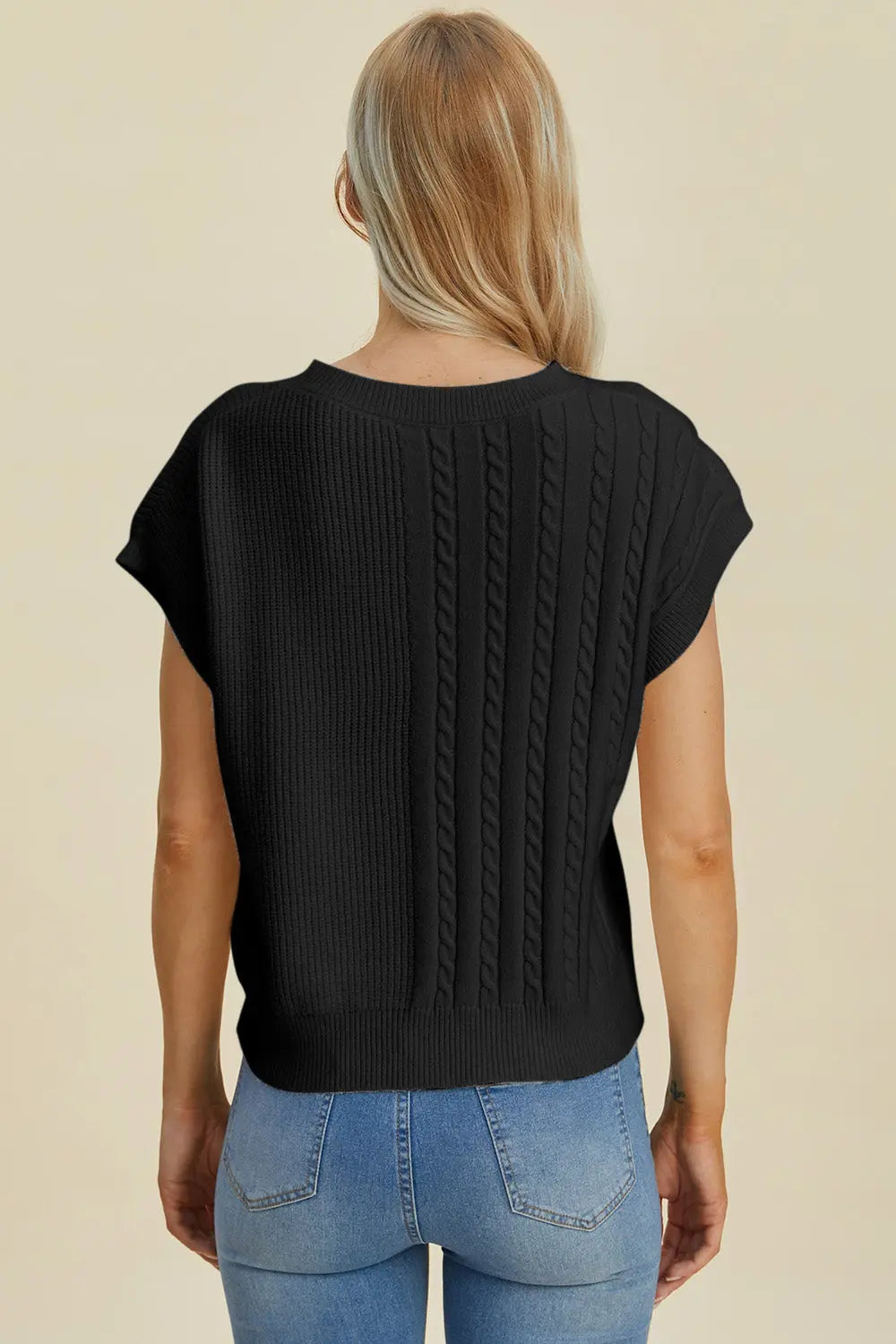 Double Take Full Size Cable-Knit Round Neck Short Sleeve Sweater  