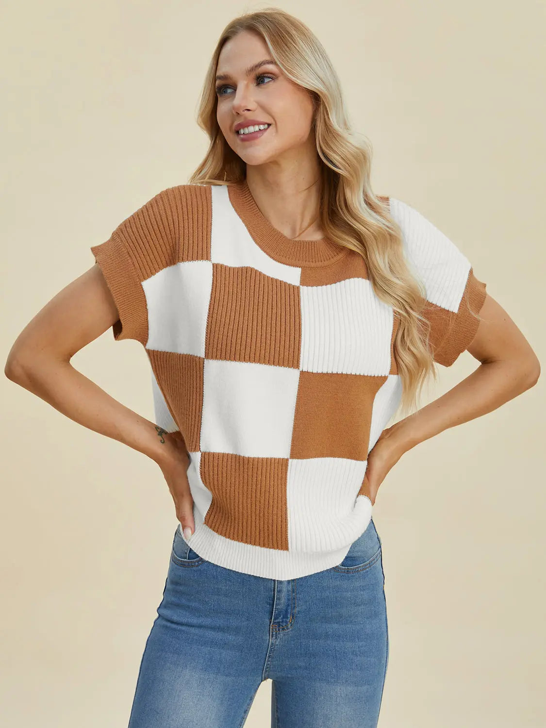 Double Take Full Size Checkered Round Neck Short Sleeve Sweater  