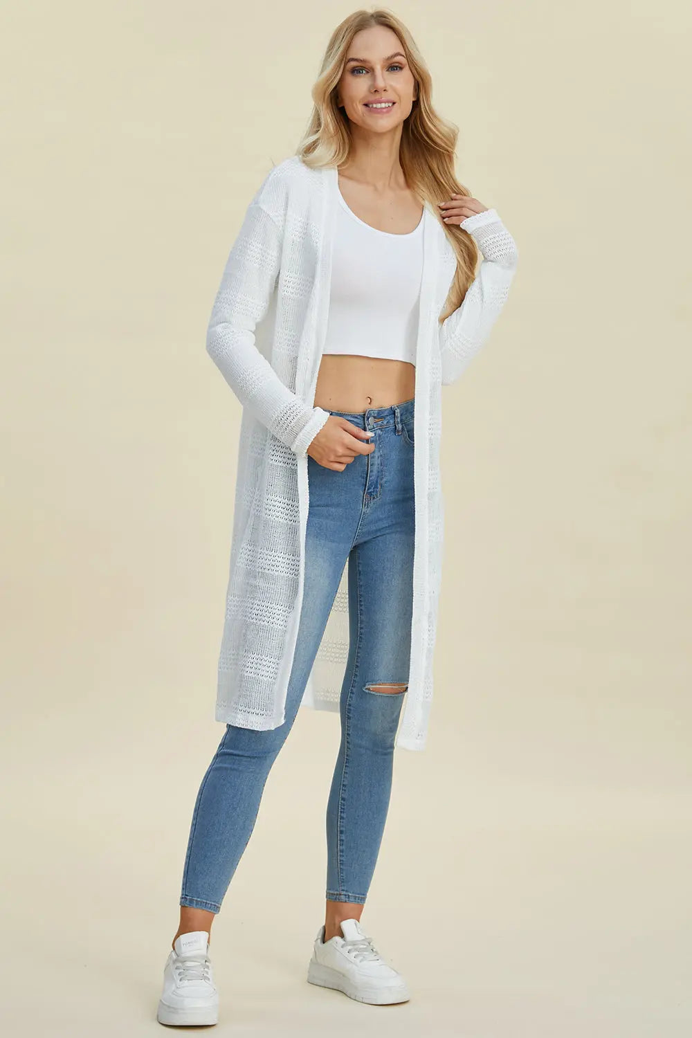 Double Take Full Size Open Front Longline Cardigan  