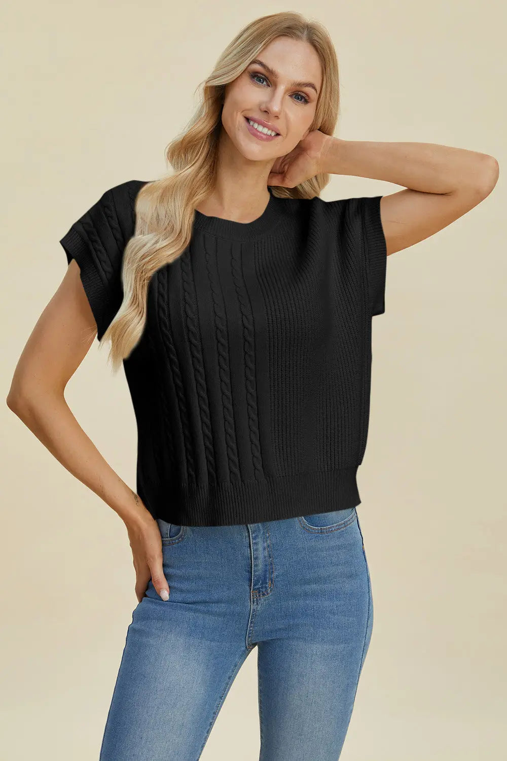 Double Take Full Size Cable-Knit Round Neck Short Sleeve Sweater  