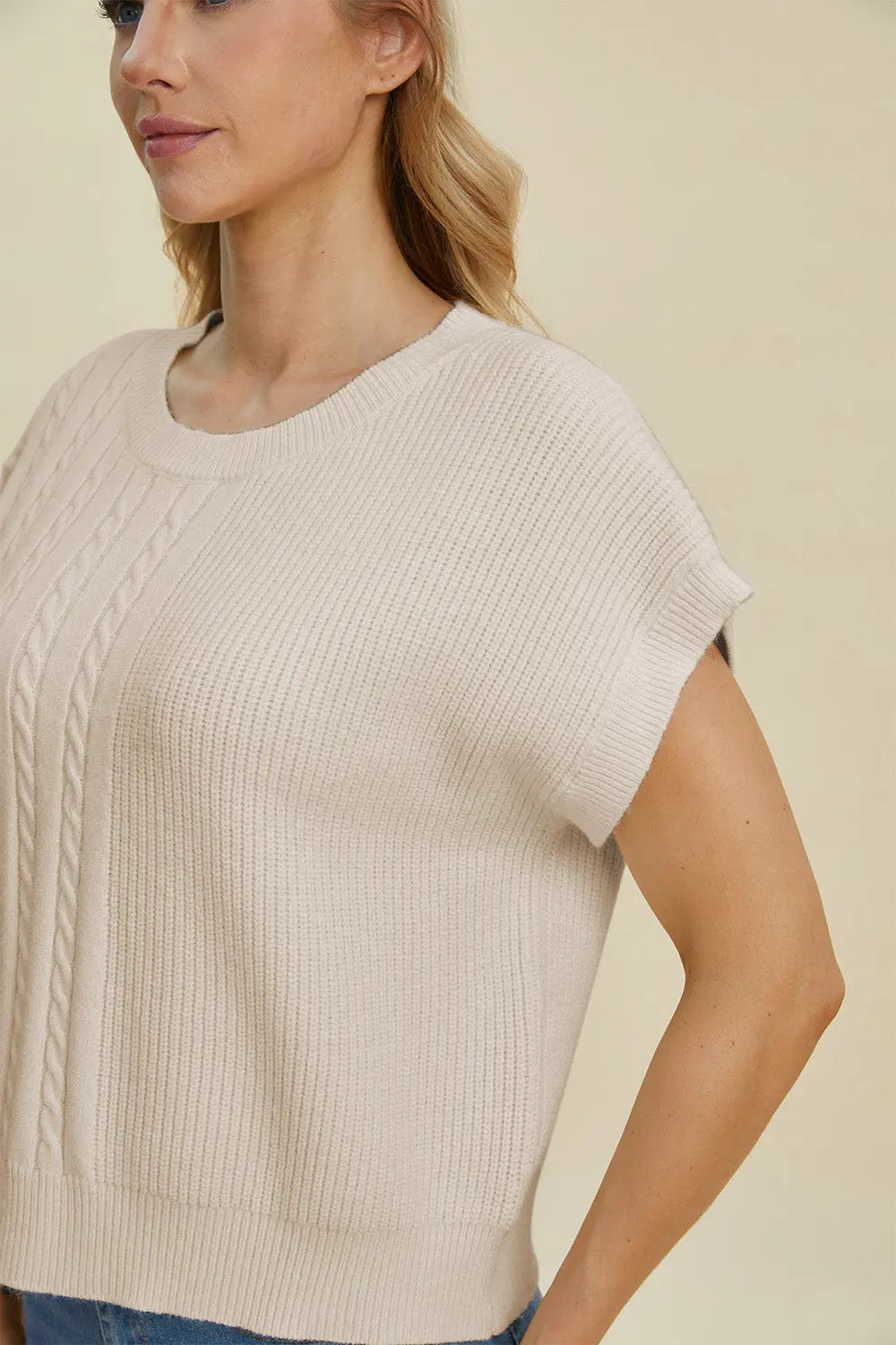 Double Take Full Size Cable-Knit Round Neck Short Sleeve Sweater  