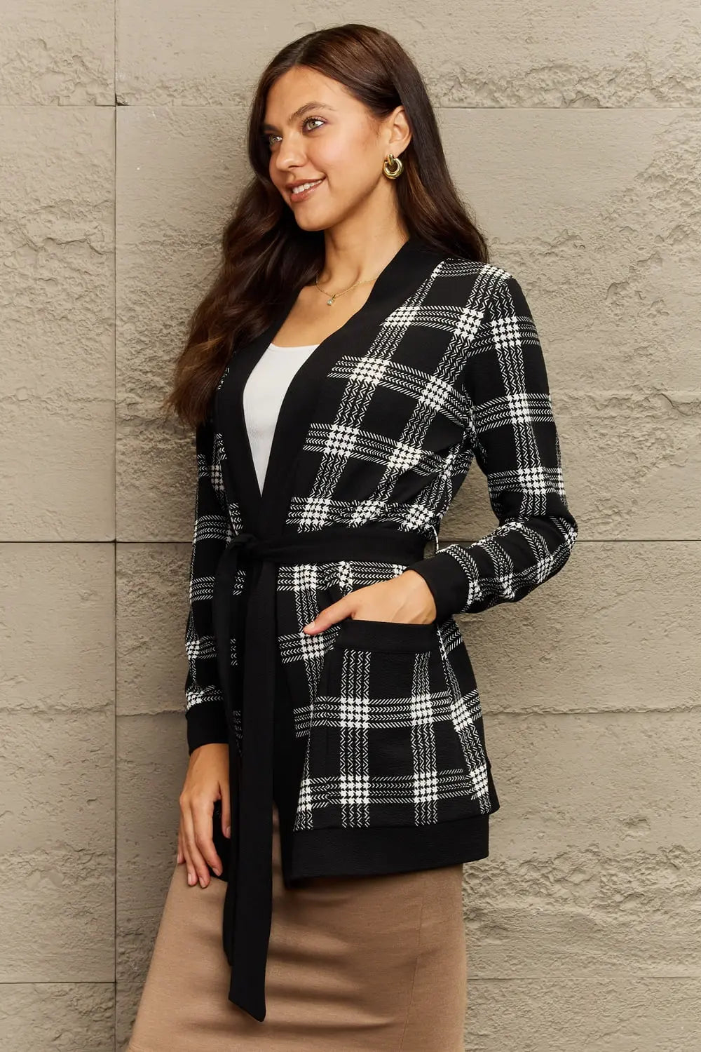 Ninexis Full Size Plaid Tie Waist Pocketed Cardigan  