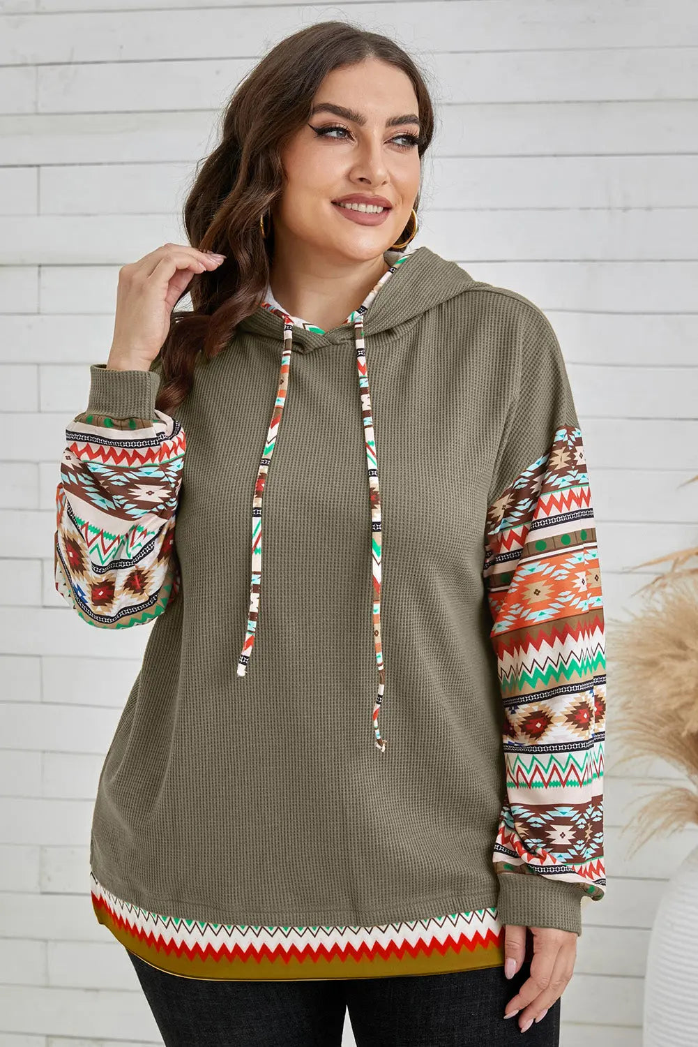 Plus Size Waffle-Knit Geometric Dropped Shoulder Hoodie  