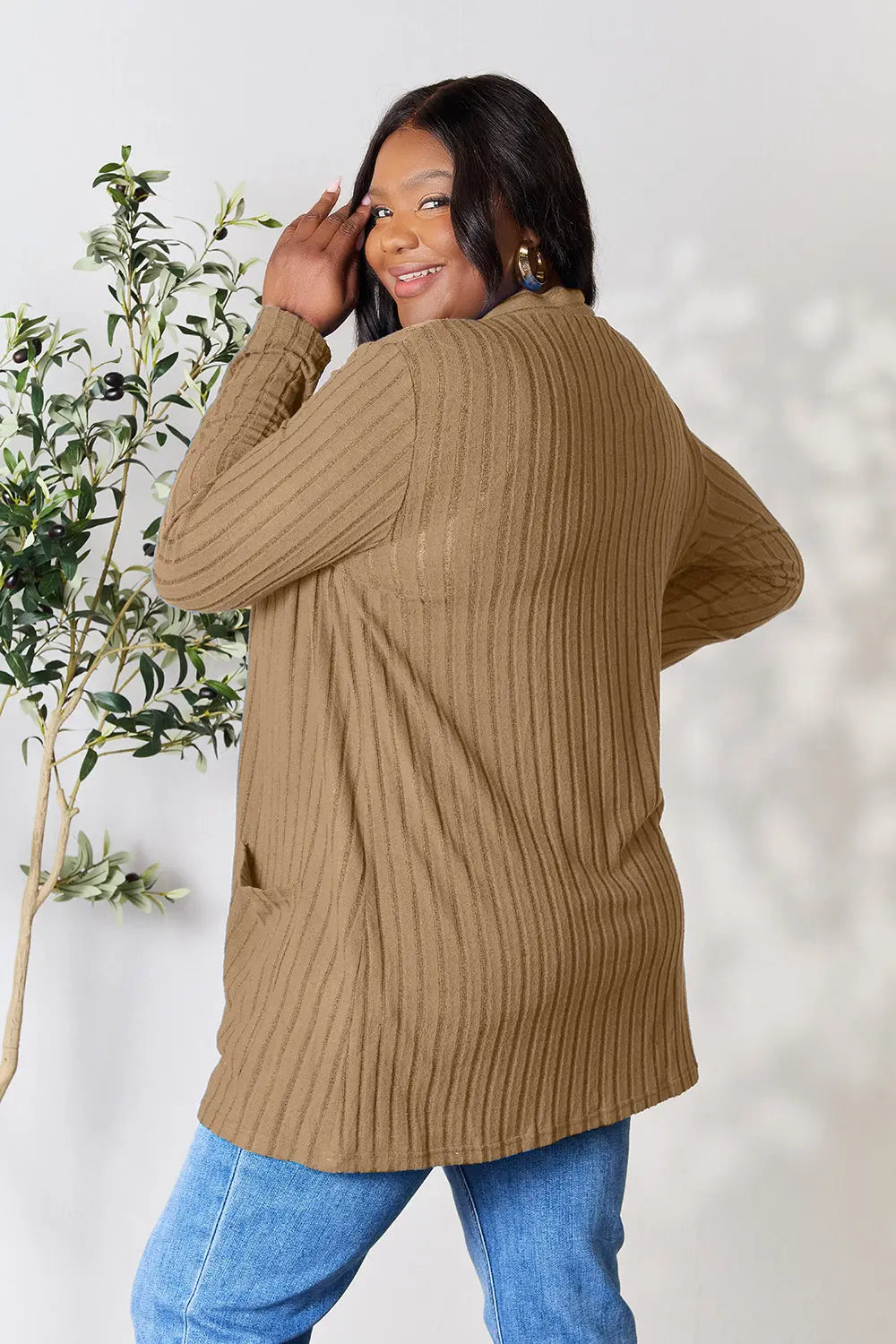 Basic Bae Full Size Ribbed Open Front Cardigan with Pockets  