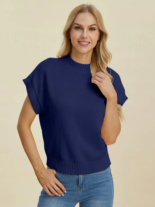 Double Take Full Size Mock Neck Short Sleeve Sweater  