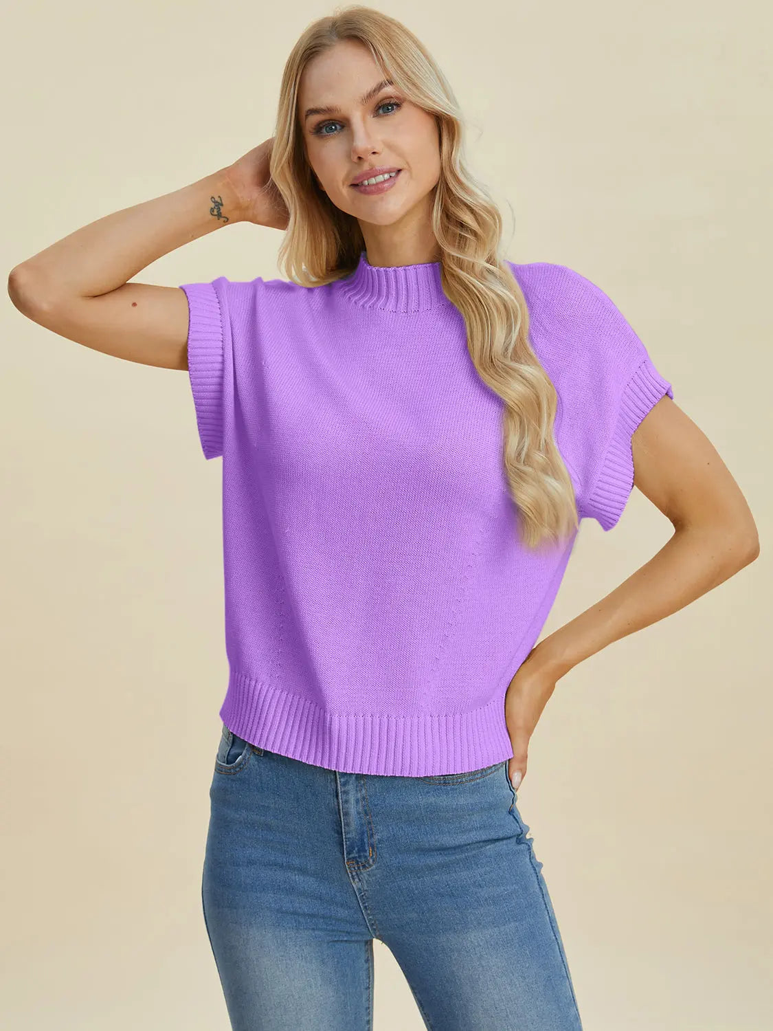 Double Take Full Size Mock Neck Short Sleeve Sweater  