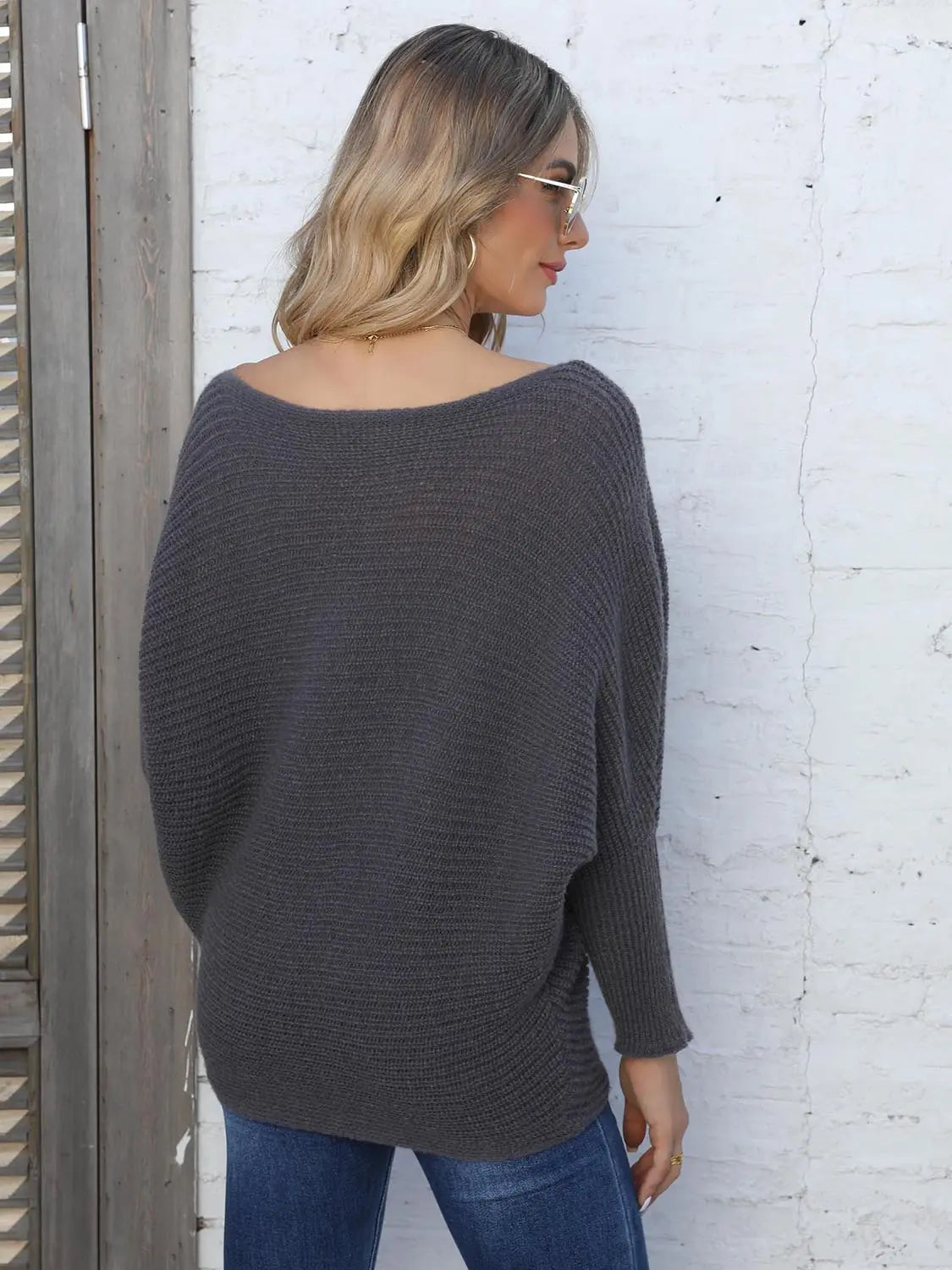 Full Size Horizontal Ribbing Dolman Sleeve Sweater  