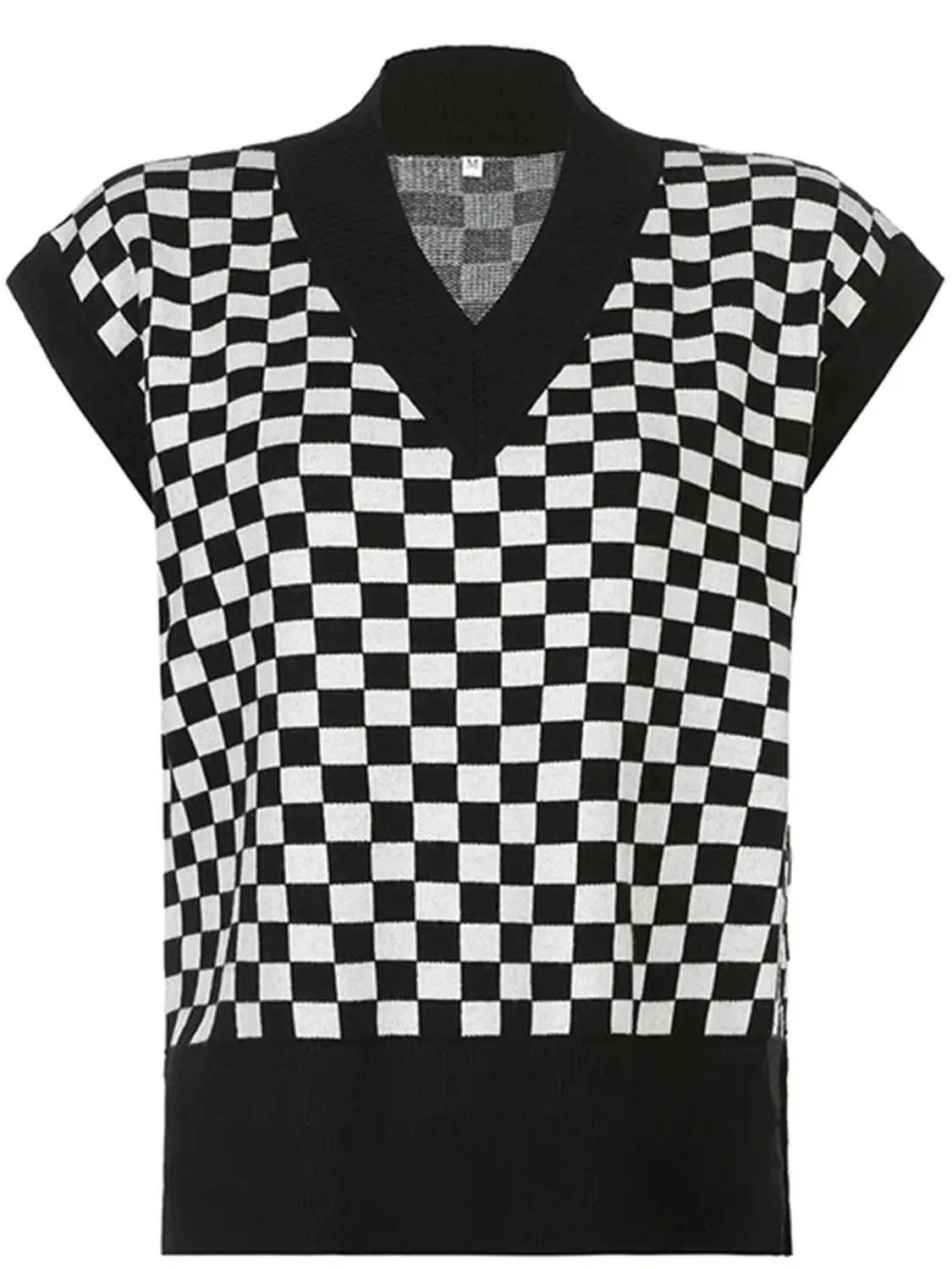 Full Size Checkered V-Neck Cap Sleeve Sweater  