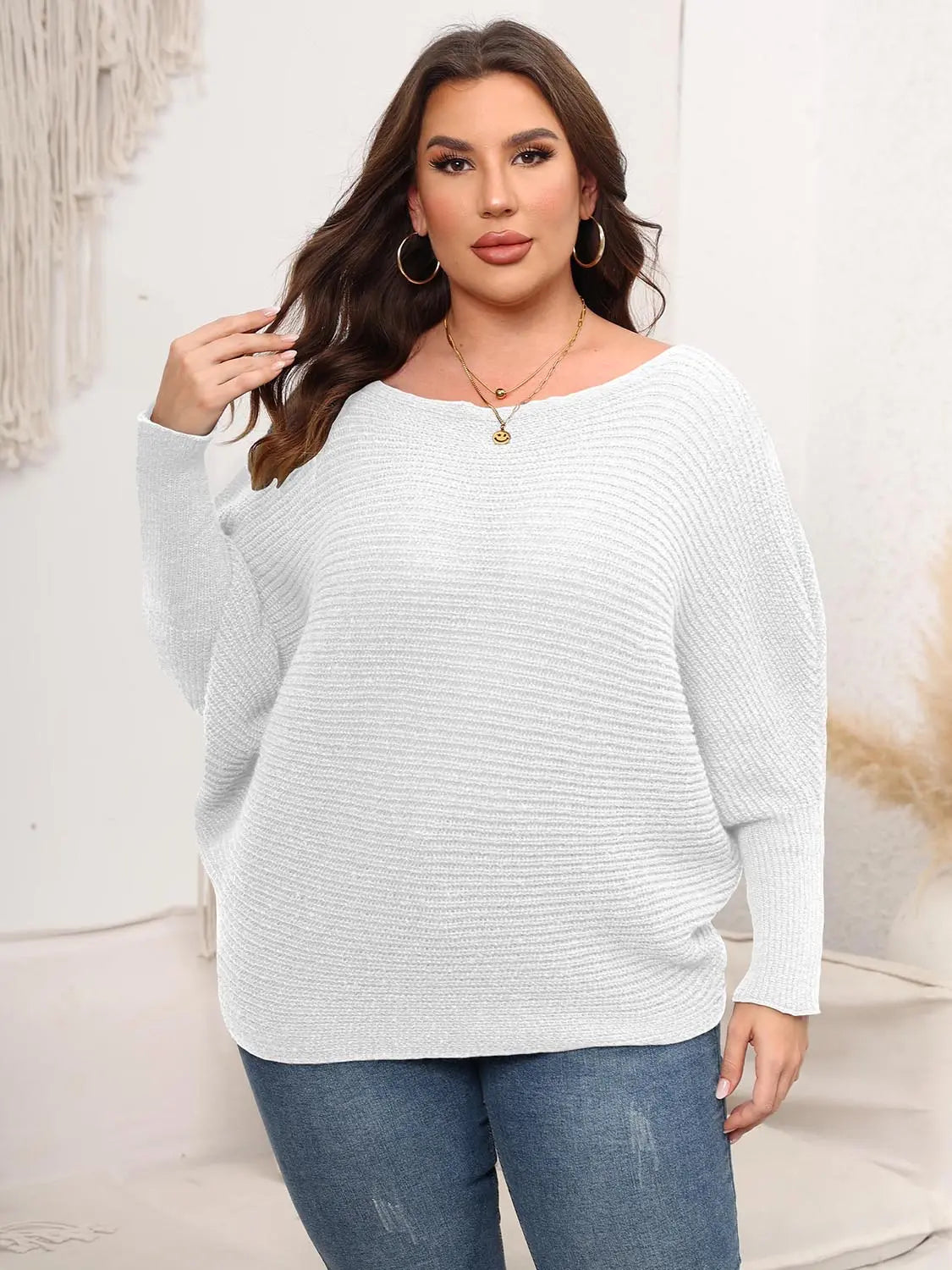 Full Size Boat Neck Batwing Sleeve Sweater  