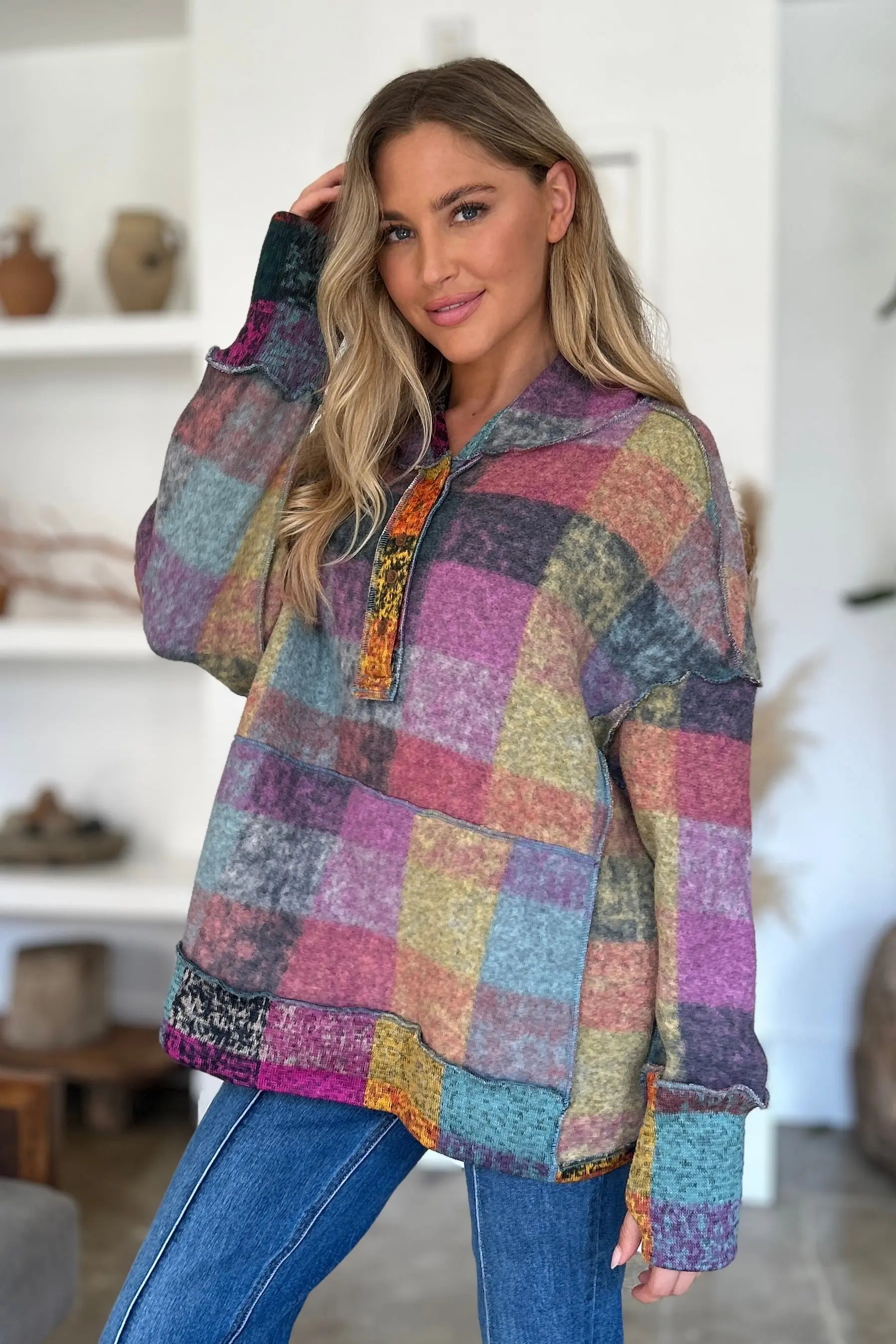 Double Take Full Size Plaid Dropped Shoulder Hoodie  