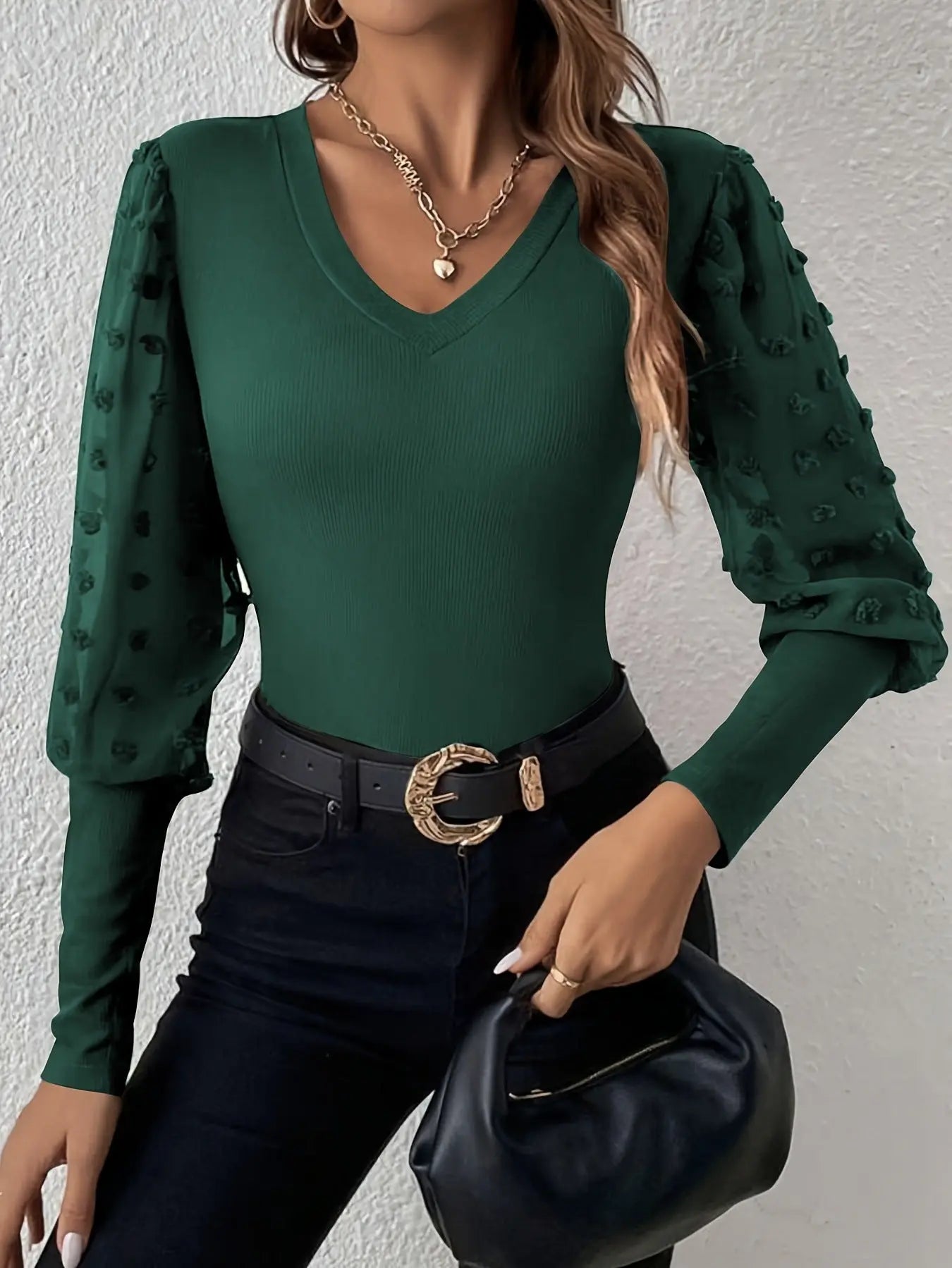 Elegant Rib V-neck Sleeve Chiffon Stitching Long Sleeve T-shirt Slimming Top  