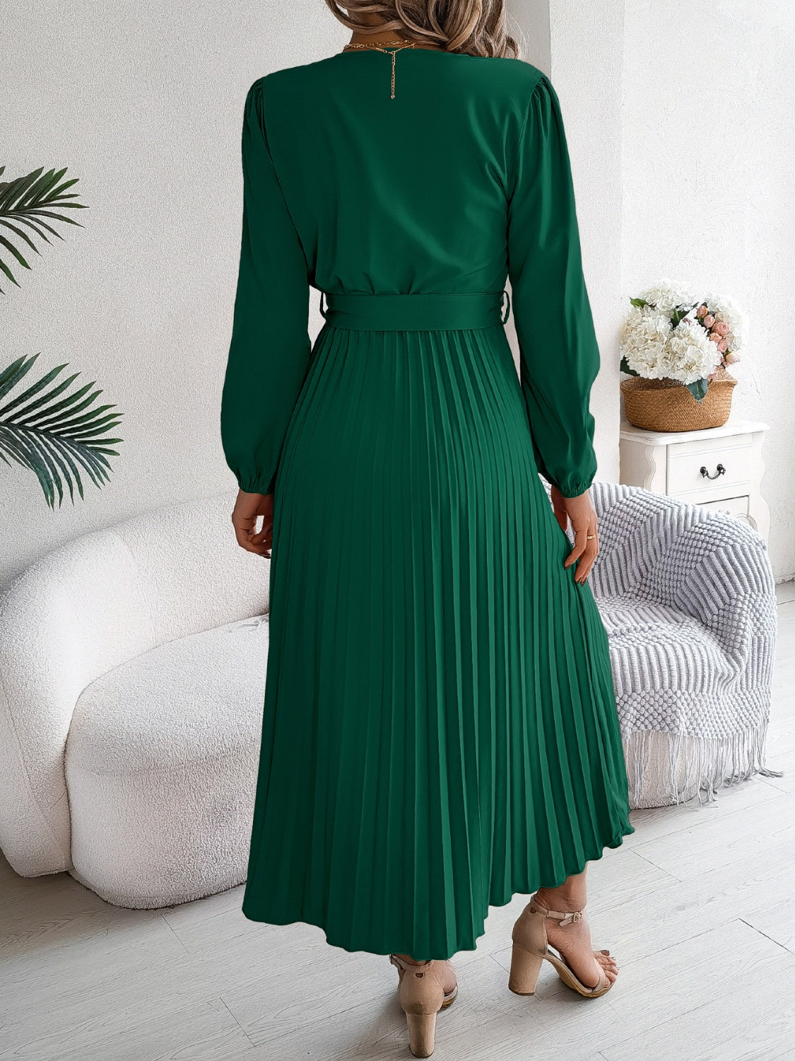 Pleated Tied V-Neck Long Sleeve Dress  