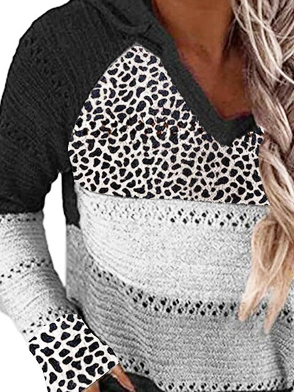 Full Size Openwork Leopard Drawstring Hooded Sweater  