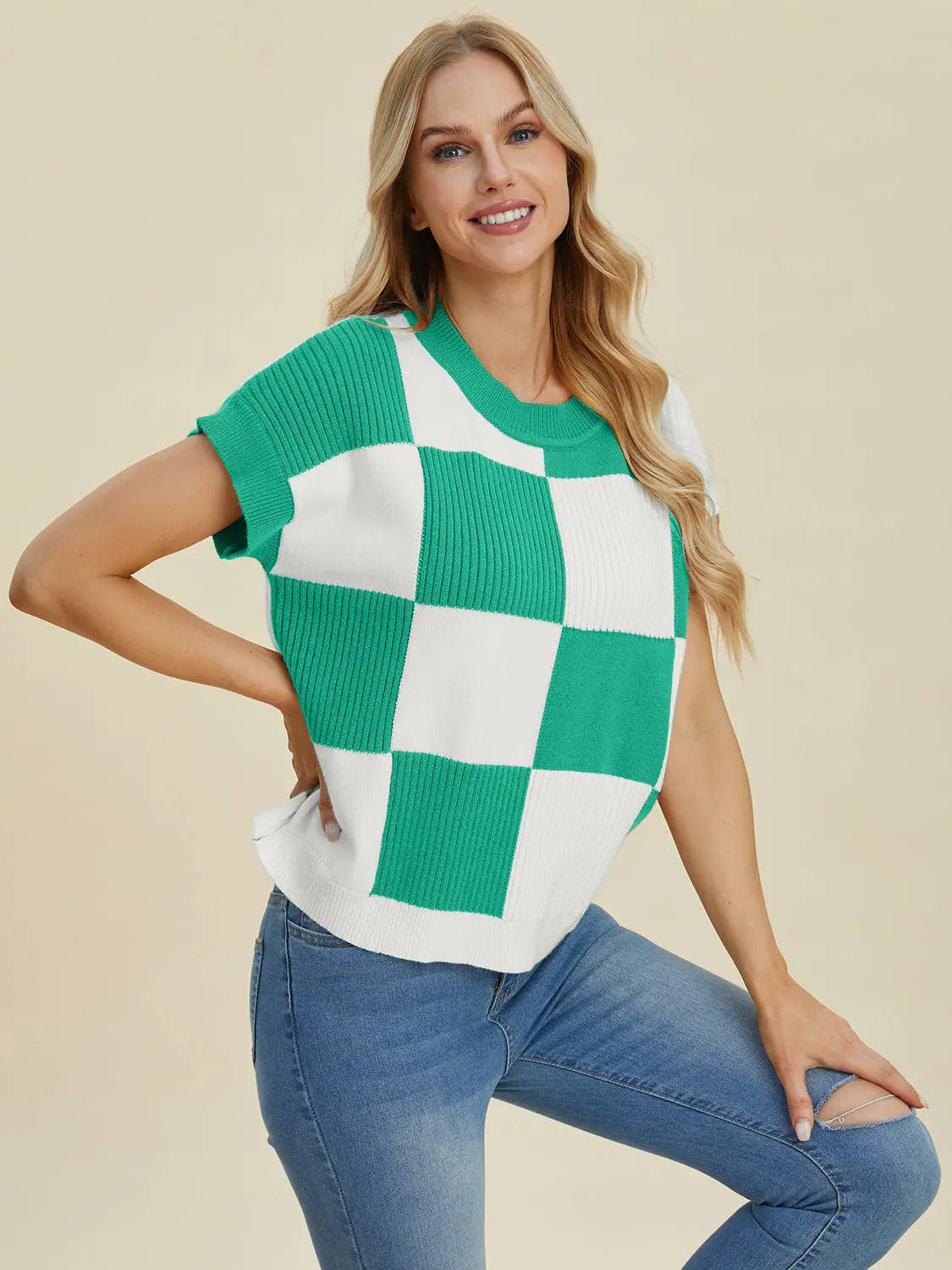 Double Take Full Size Checkered Round Neck Short Sleeve Sweater  