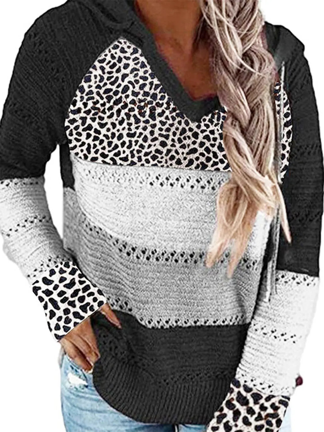 Full Size Openwork Leopard Drawstring Hooded Sweater  