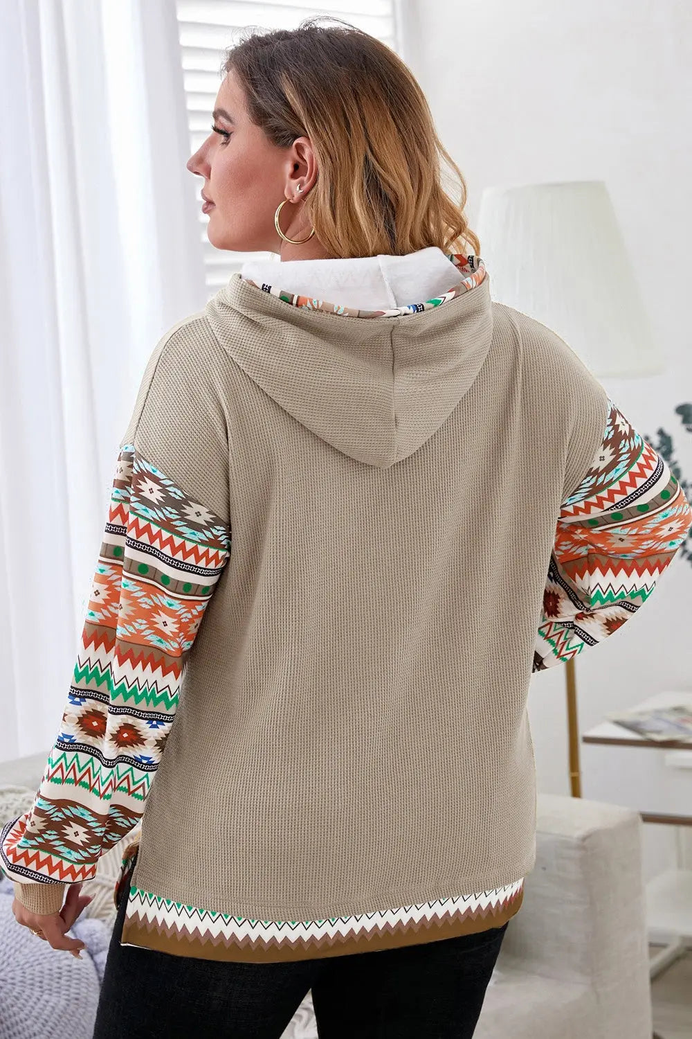 Plus Size Waffle-Knit Geometric Dropped Shoulder Hoodie  