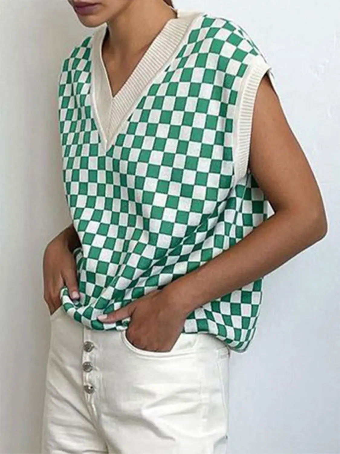 Full Size Checkered V-Neck Cap Sleeve Sweater  