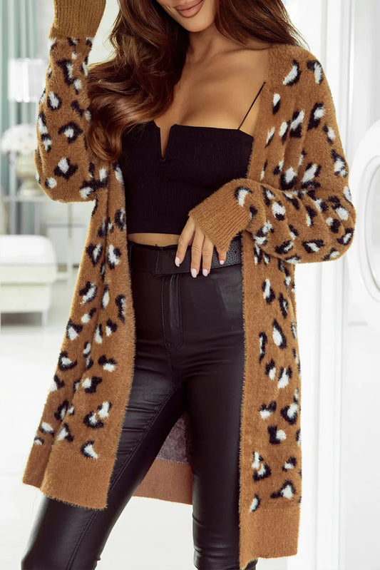 Full Size Leopard Open Front Long Sleeve Cardigan  