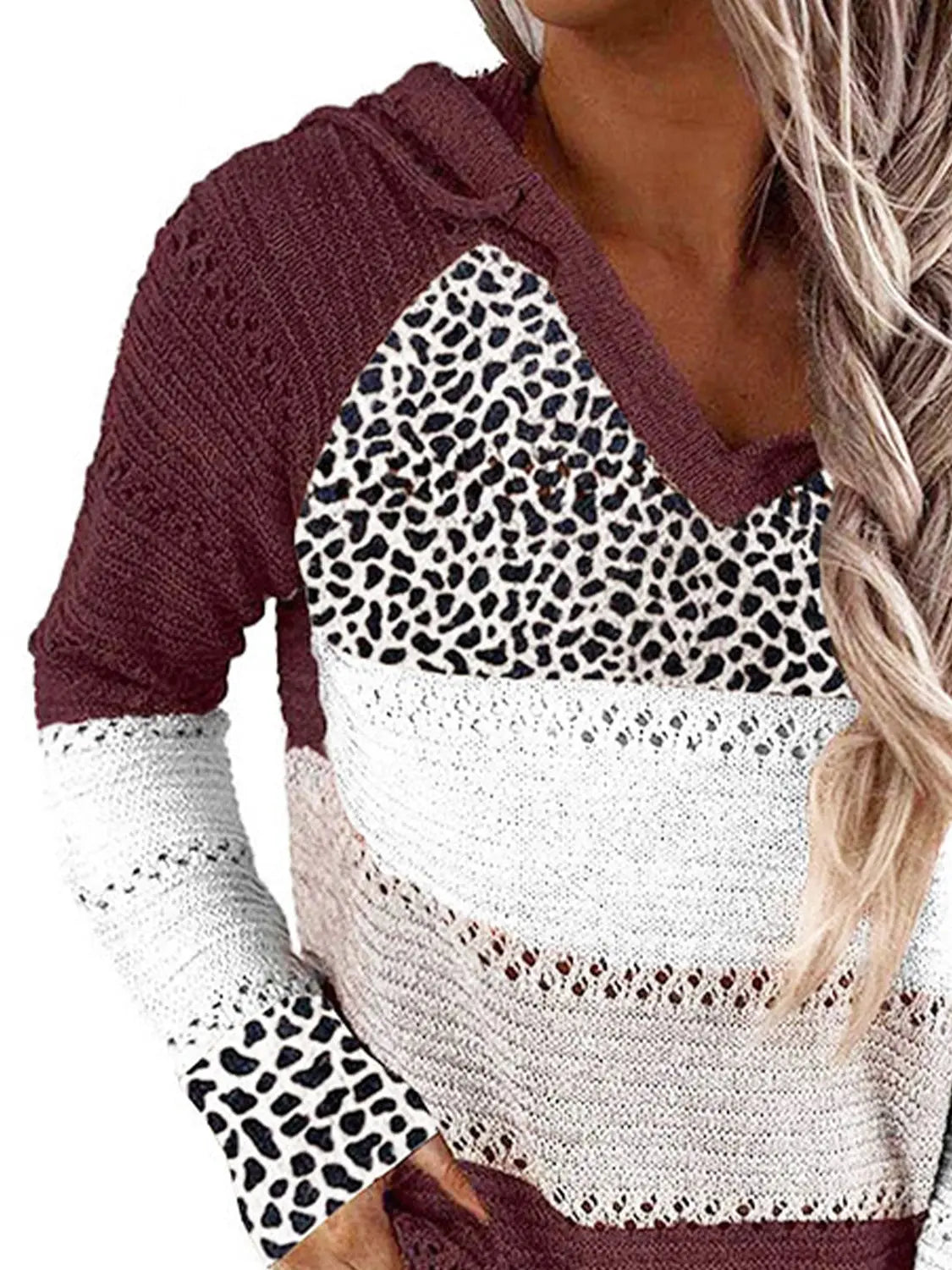 Full Size Openwork Leopard Drawstring Hooded Sweater  