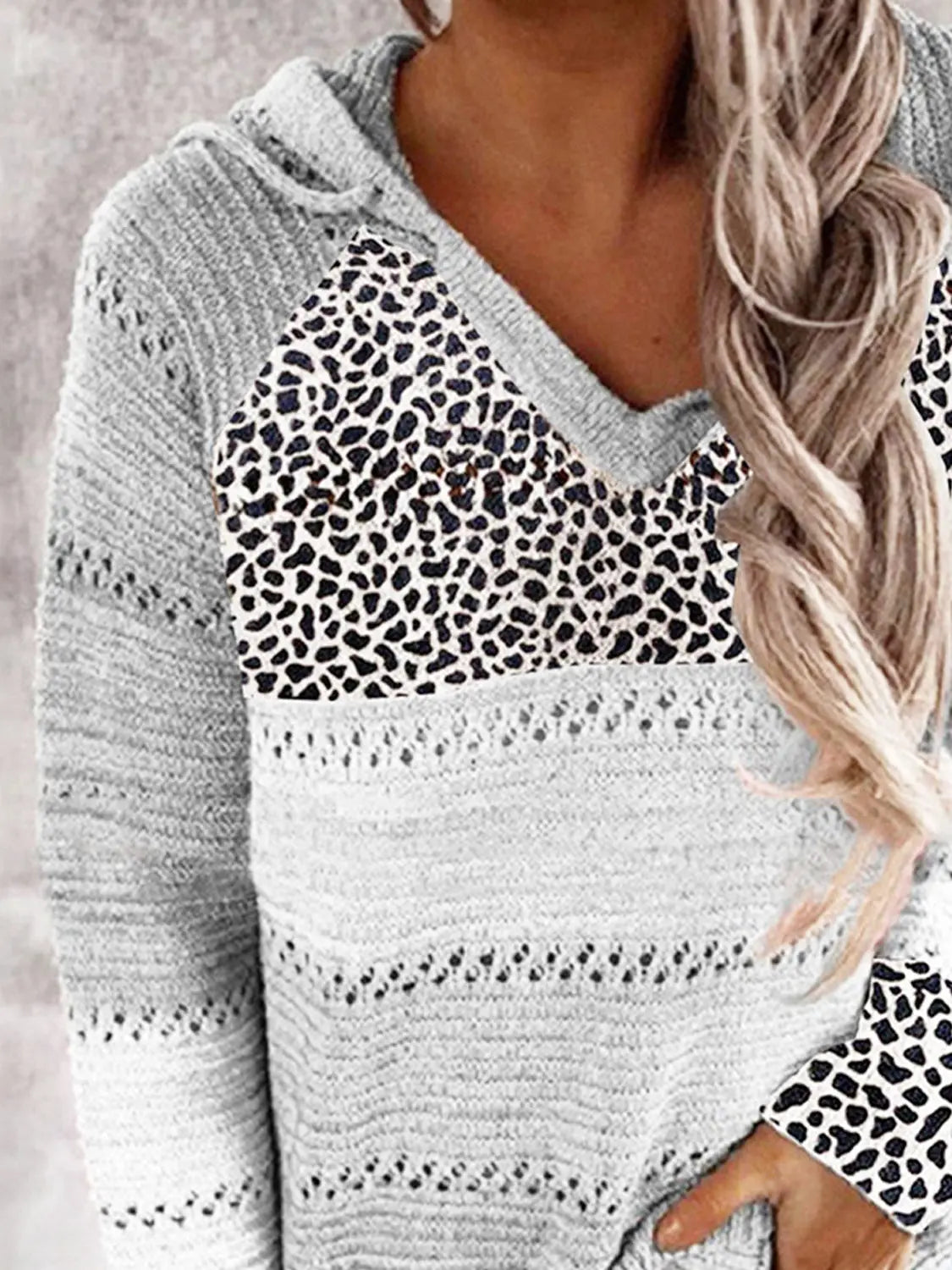 Full Size Openwork Leopard Drawstring Hooded Sweater  