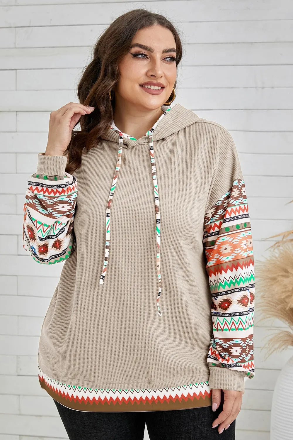 Plus Size Waffle-Knit Geometric Dropped Shoulder Hoodie  