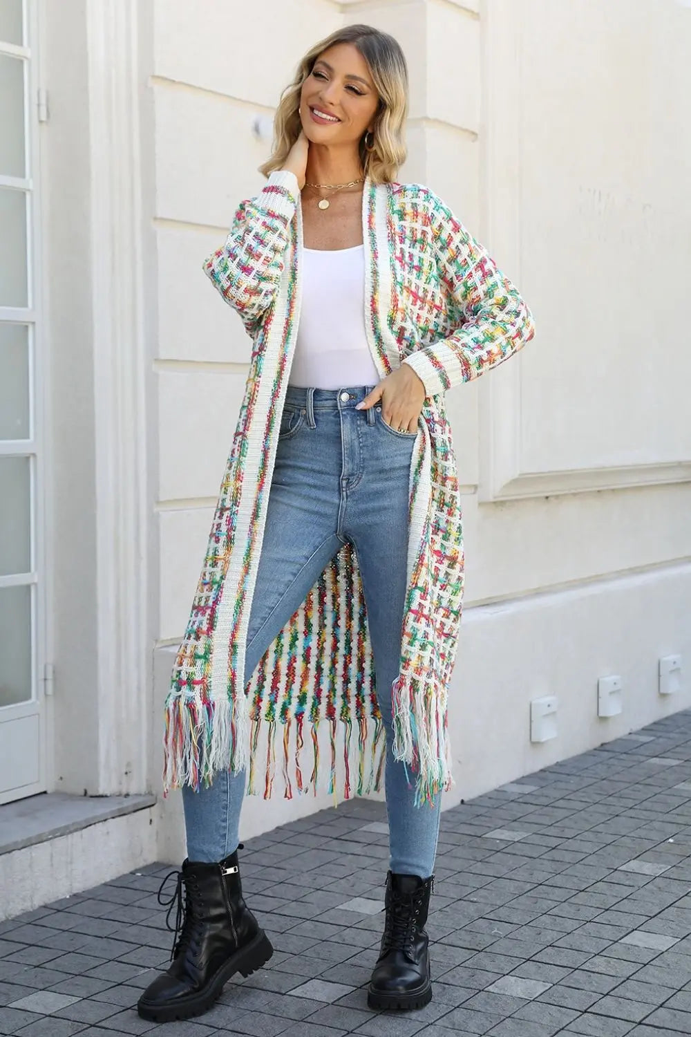 Angel Wings Full Size Multicolored Open Front Fringe Hem Cardigan  