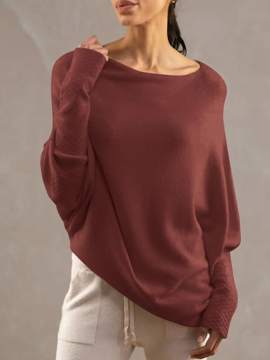 Full Size Boat Neck Batwing Sleeve Knit Top  