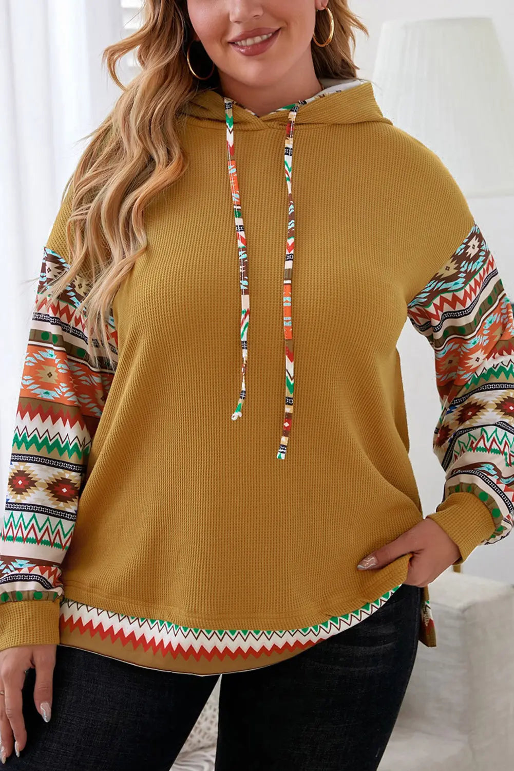 Plus Size Waffle-Knit Geometric Dropped Shoulder Hoodie  