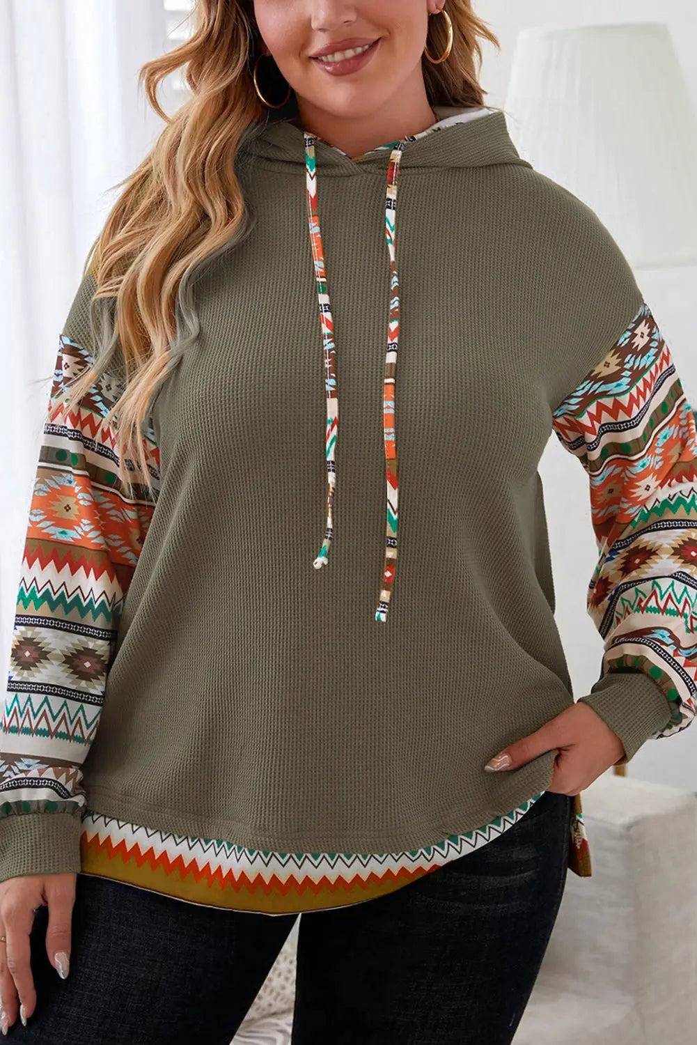 Plus Size Waffle-Knit Geometric Dropped Shoulder Hoodie  