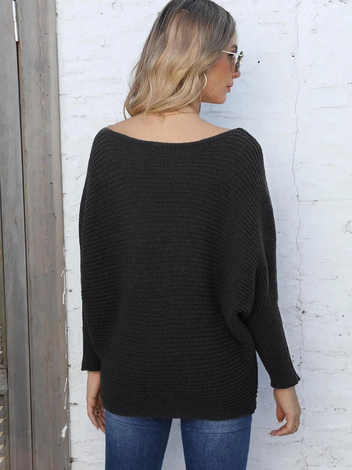 Full Size Horizontal Ribbing Dolman Sleeve Sweater  