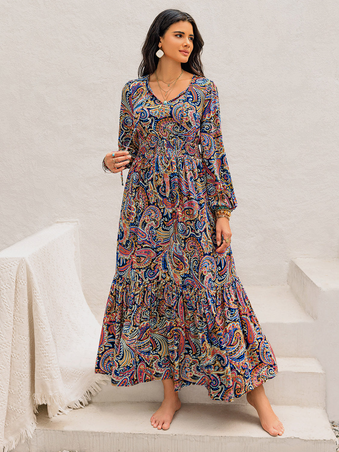 Printed Tie Neck Long Sleeve Midi Dress  